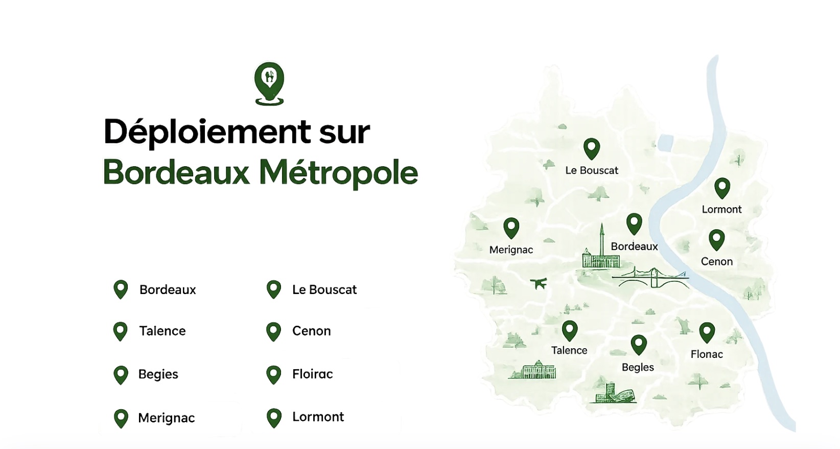 Carte illustrée du déploiement Bofood sur Bordeaux Métropole